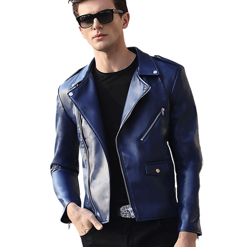 Stylish model wearing a blue faux leather biker jacket with zipper and long sleeves for men.