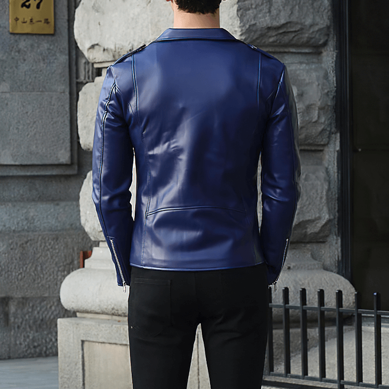 Back view of a stylish blue faux leather biker jacket for men, highlighting its trendy design and fit.