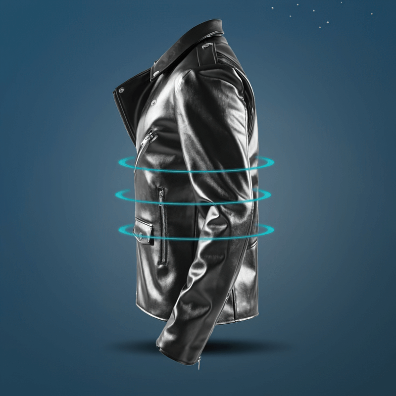 Stylish men's black faux leather biker jacket showcased in a rotating view, highlighting its sleek design and quality.