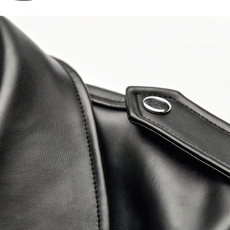 Close-up of a stylish black faux leather jacket, showcasing the smooth texture and chic details for a trendy biker look.