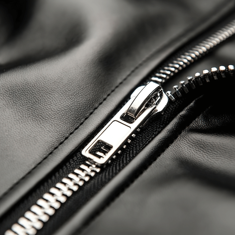 Close-up of a sleek zipper on a stylish black faux leather jacket, highlighting trendy biker fashion details.