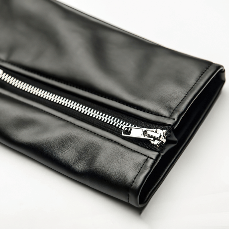 Close-up of a black faux leather jacket sleeve with a stylish zipper detail.