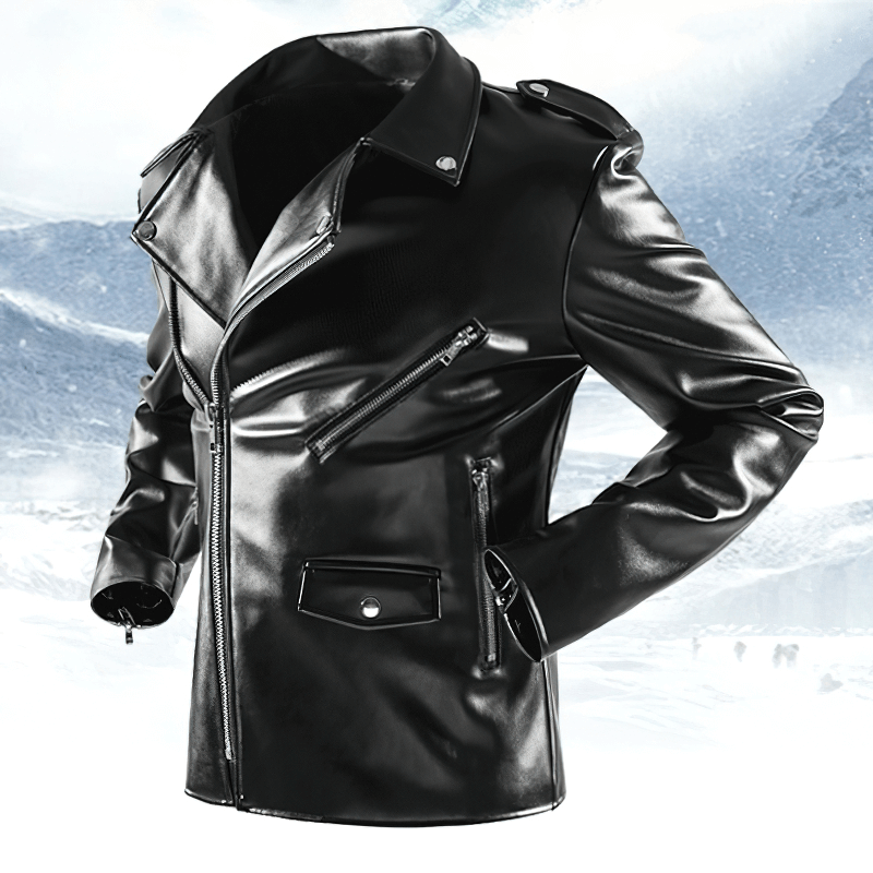 Men's cool black faux leather biker jacket with zipper and long sleeves, stylish and trendy design.