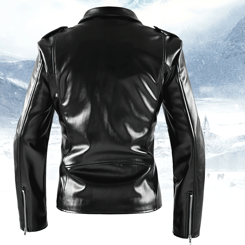 Back view of a stylish black faux leather biker jacket for men, showcasing its sleek design and trendy details.