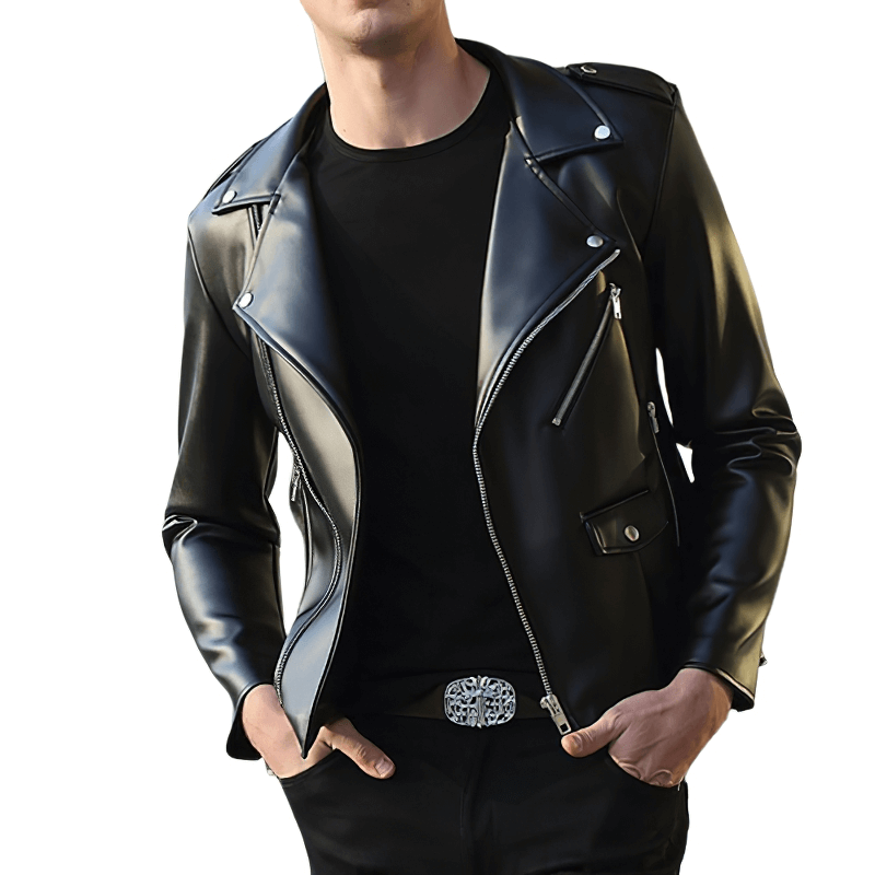 Stylish model wearing a black faux leather biker jacket with zipper and long sleeves for men.