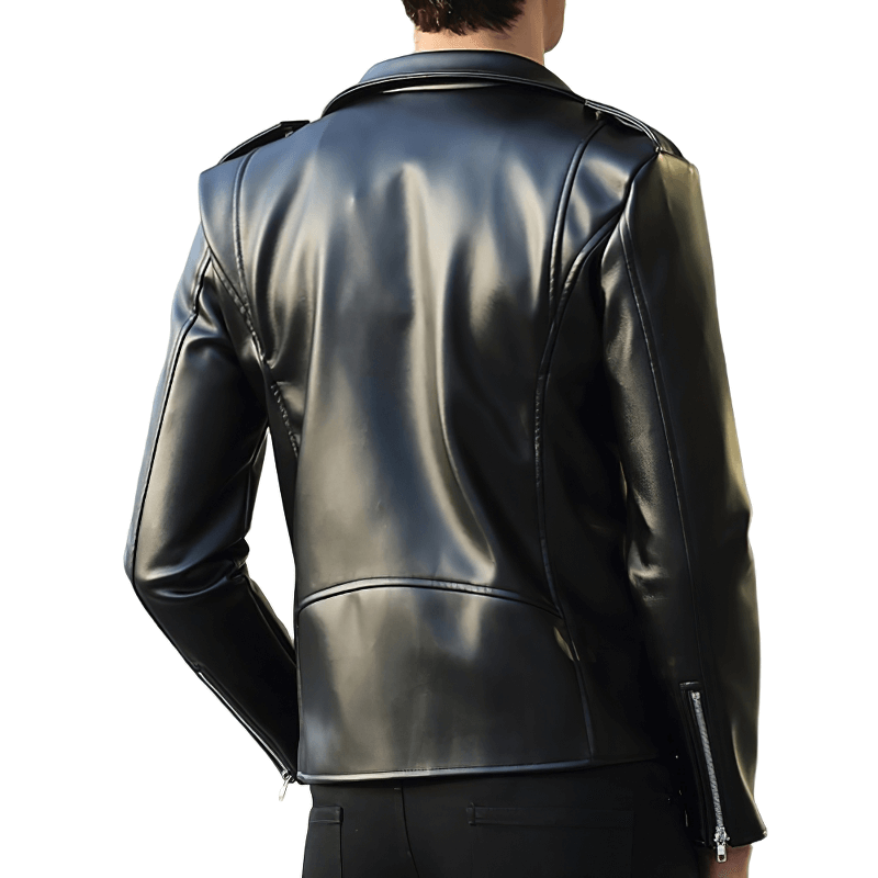 Stylish men's black faux leather biker jacket with long sleeves, viewed from the back, showcasing its sleek design.