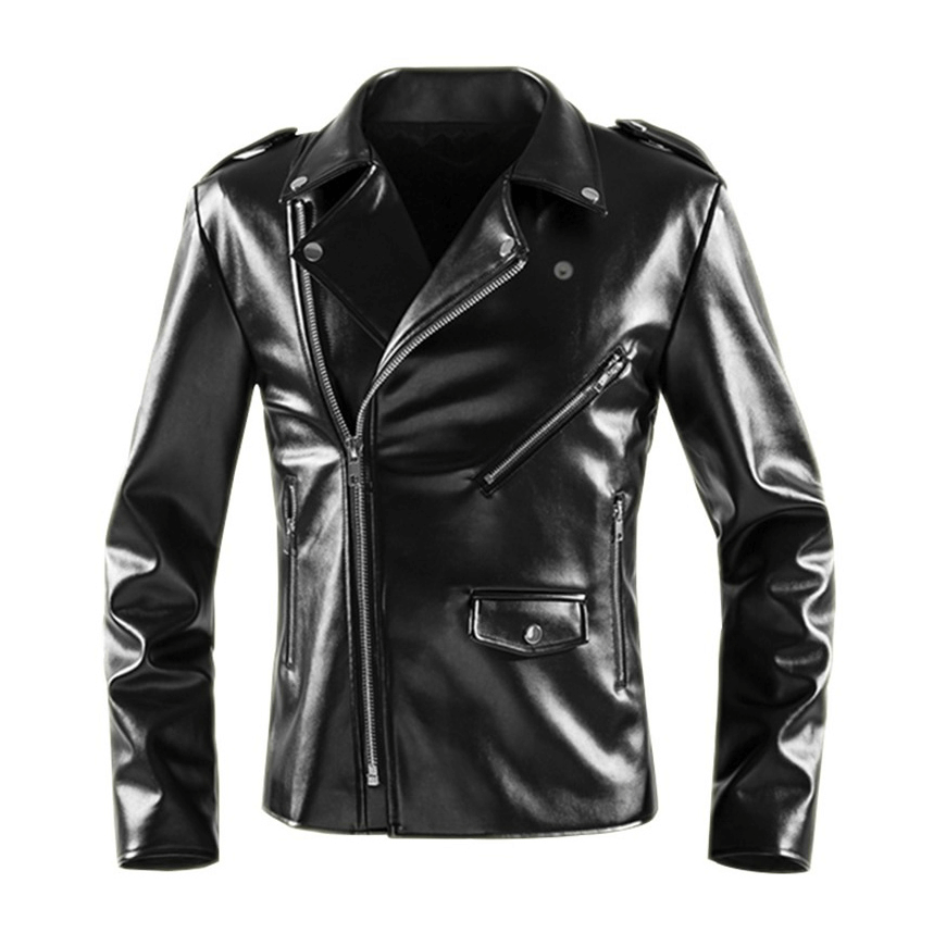 Men's cool black faux leather biker jacket with stylish zippers and long sleeves.