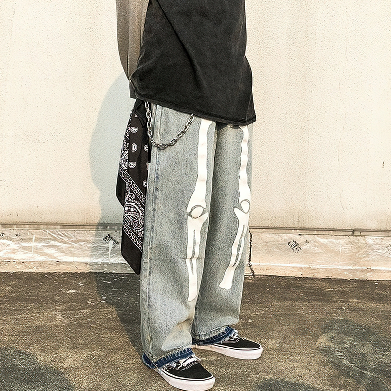 Cool Bone Graffiti Print Jeans / Casual Men's Denim Baggy Pants / Punk Style Loose Trousers - HARD'N'HEAVY