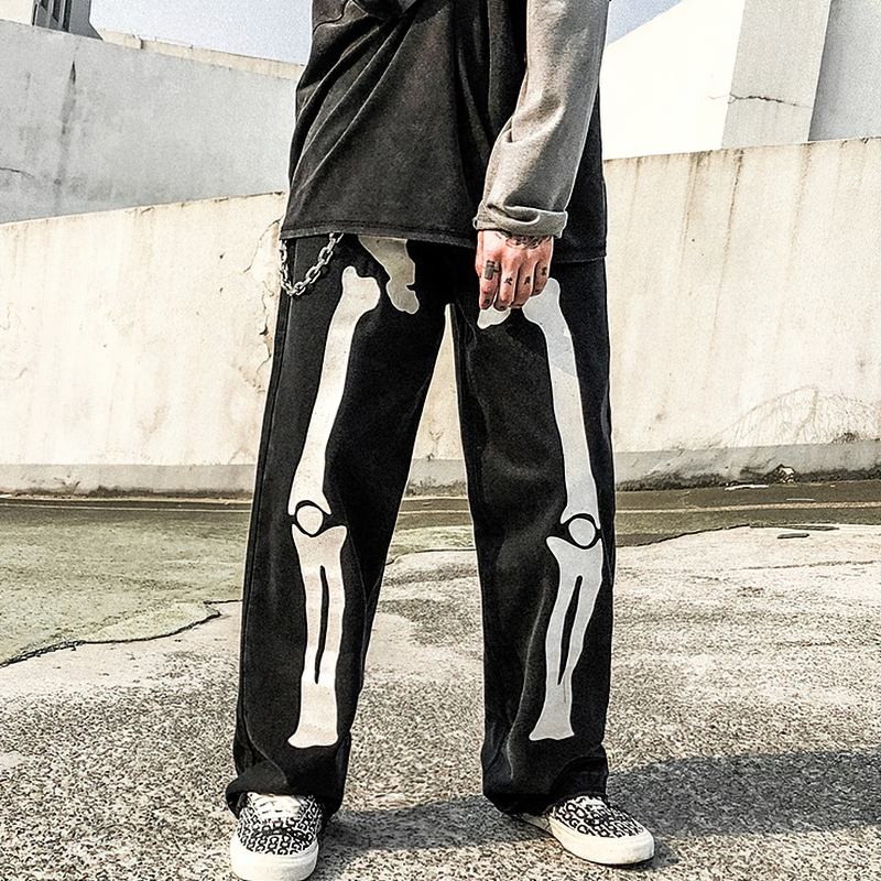 Cool Bone Graffiti Print Jeans / Casual Men's Denim Baggy Pants / Punk Style Loose Trousers - HARD'N'HEAVY