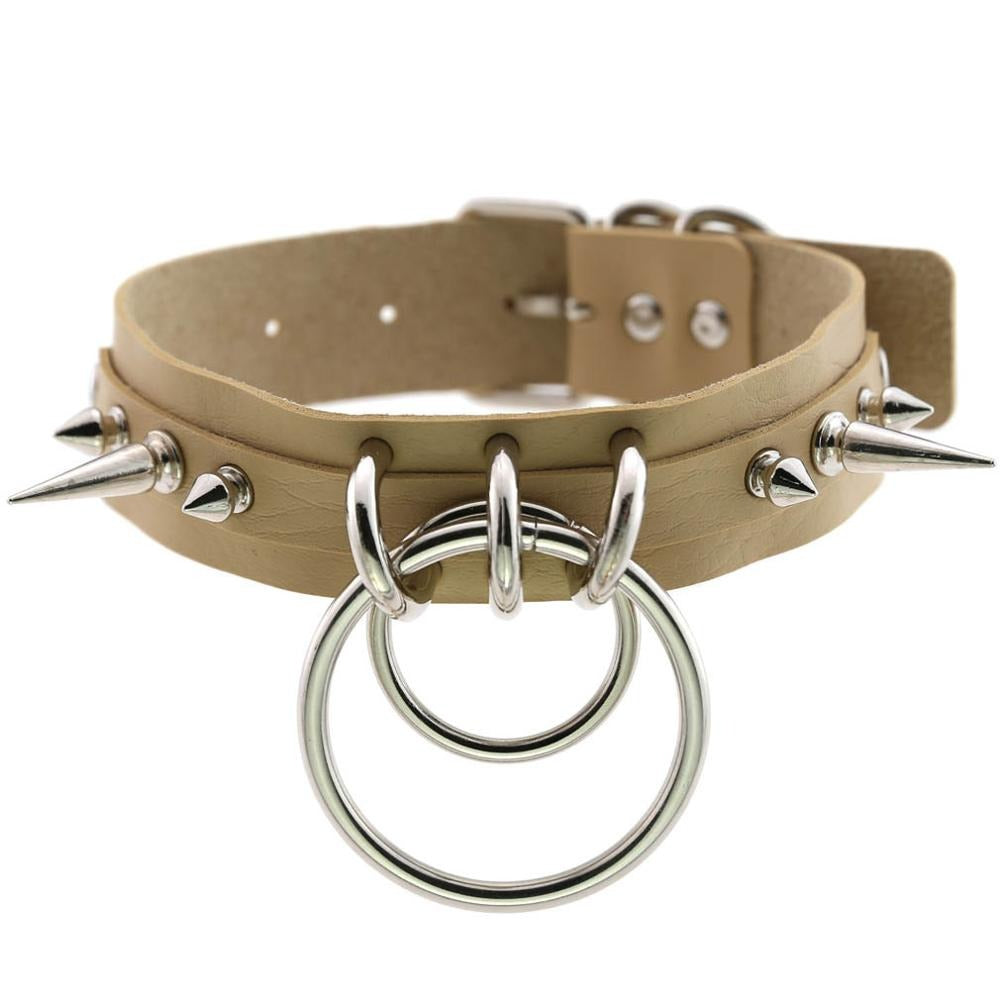Gothic PU leather collar choker with metal spikes and rings, adjustable for stylish party outfits.