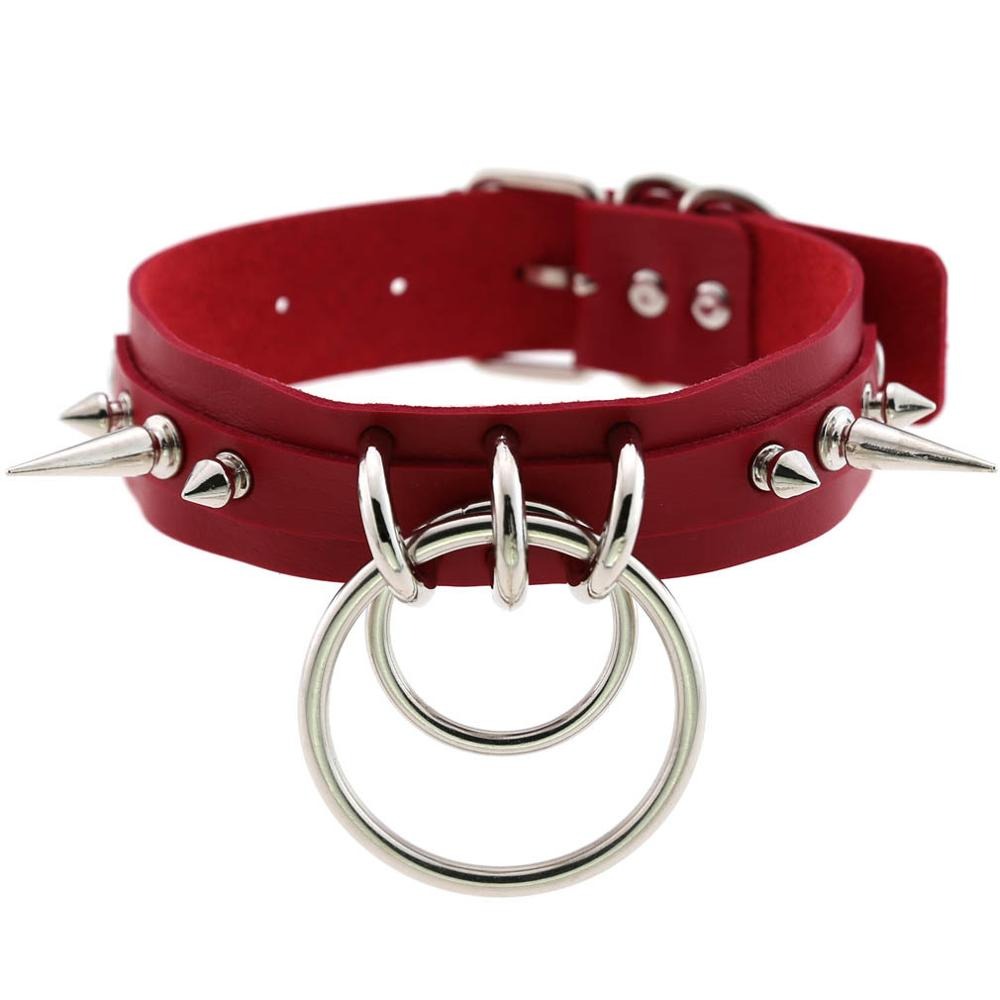 Red gothic choker collar with metal spikes and O-ring, adjustable PU leather neckwear accessory for edgy fashion.
