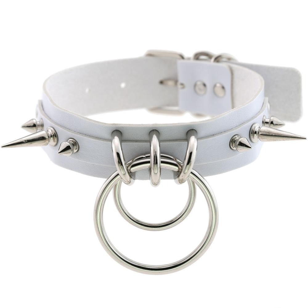 Cool white PU leather collar with metal spikes and rings for gothic fashion enthusiasts.