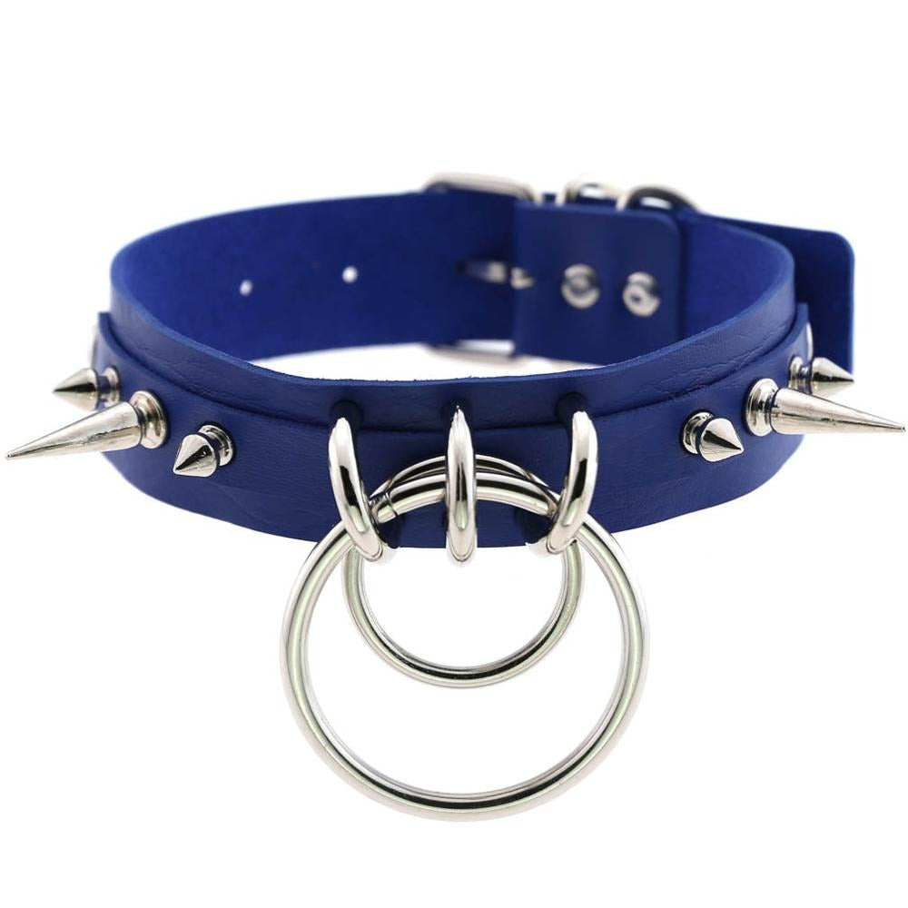 Cool blue collar choker with silver spikes and rings, perfect for gothic fashion lovers and concert outfits.
