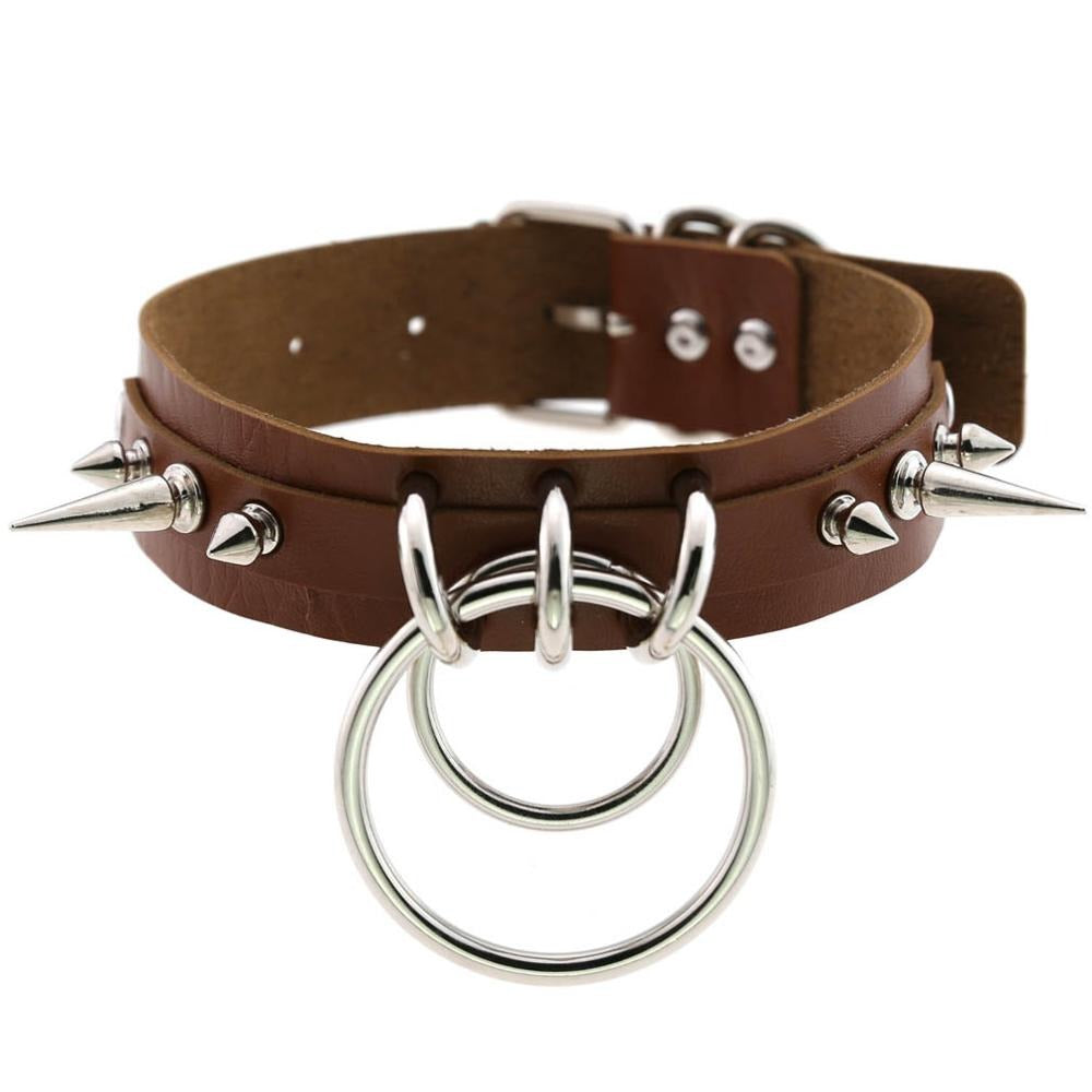 Brown PU leather choker collar with metal spikes and rings, gothic jewelry for stylish ladies.