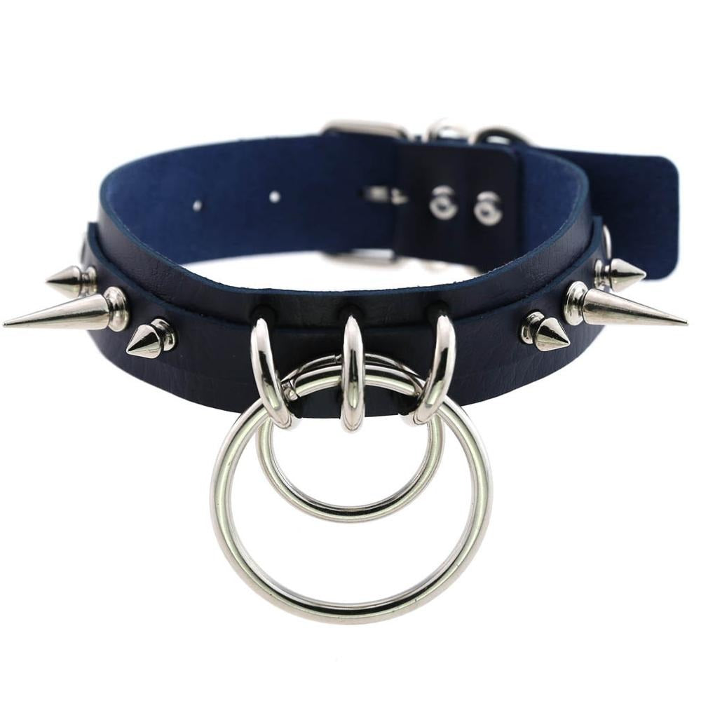 Cool gothic collar choker with metal spikes and rings, made of PU leather, adjustable and stylish accessory.