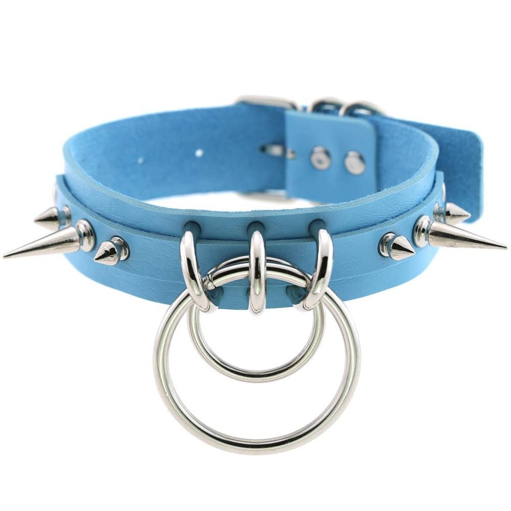 Cool blue collar choker with metal spikes and rings, perfect for gothic fashion and accessories.