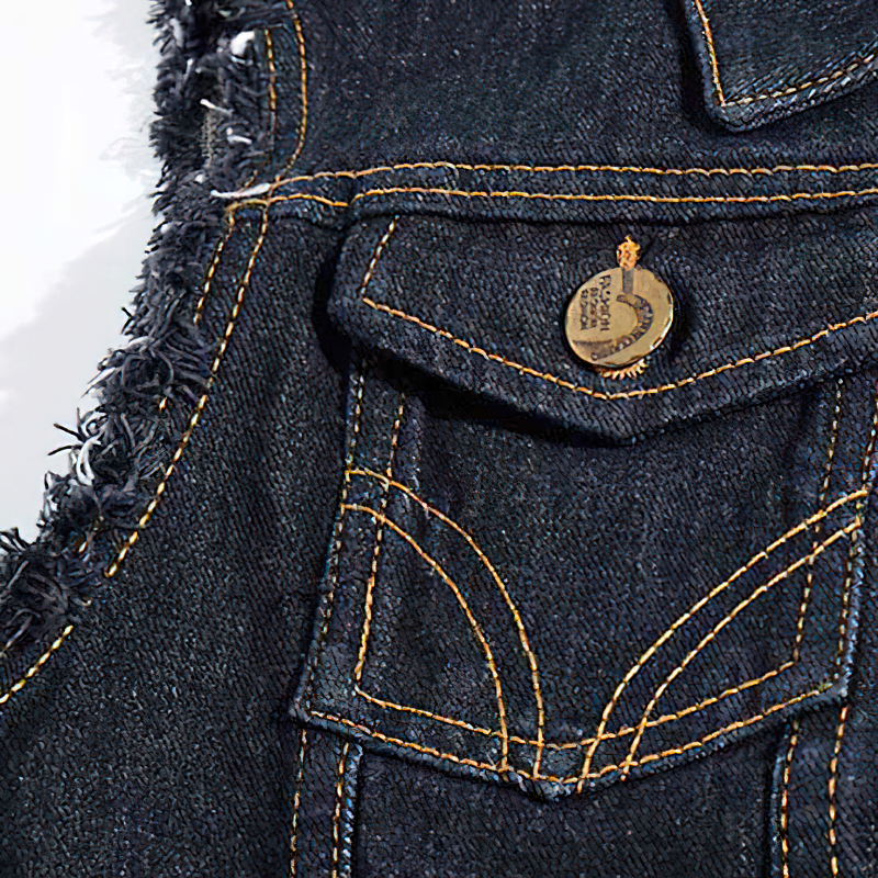 Close-up of men's denim vest pocket with ripped details and gold button, showcasing rock style and fashion details.