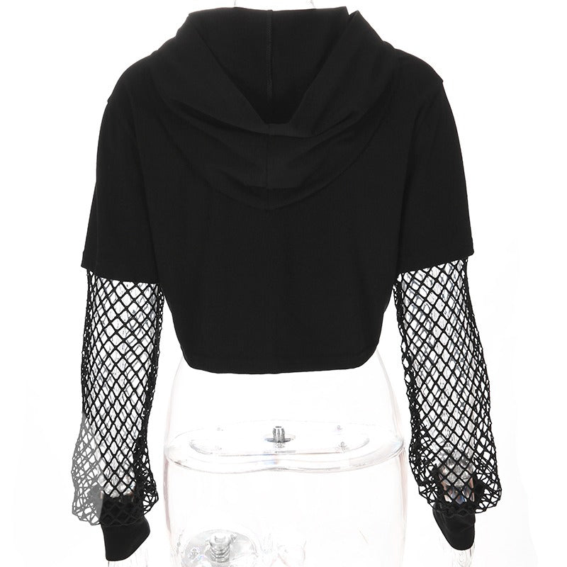 Cool Fashion Fish Mesh Sleeve Patchwork Hoodies Sweatshirt / Gothic Navel Tops - HARD'N'HEAVY