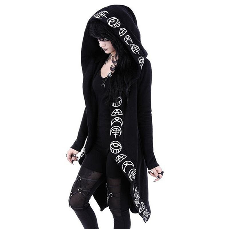Cool black gothic coat with unique patterns, oversized fit and hood, perfect for rock and goth styles.