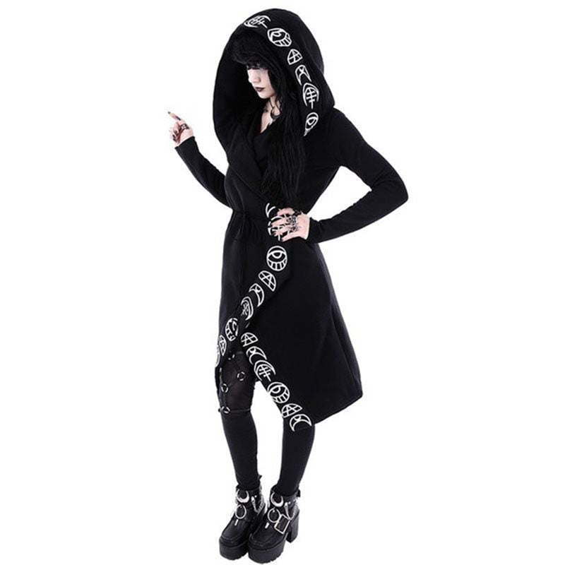 Black women's oversized cotton gothic coat with hood and unique patterns for a stylish rock look.