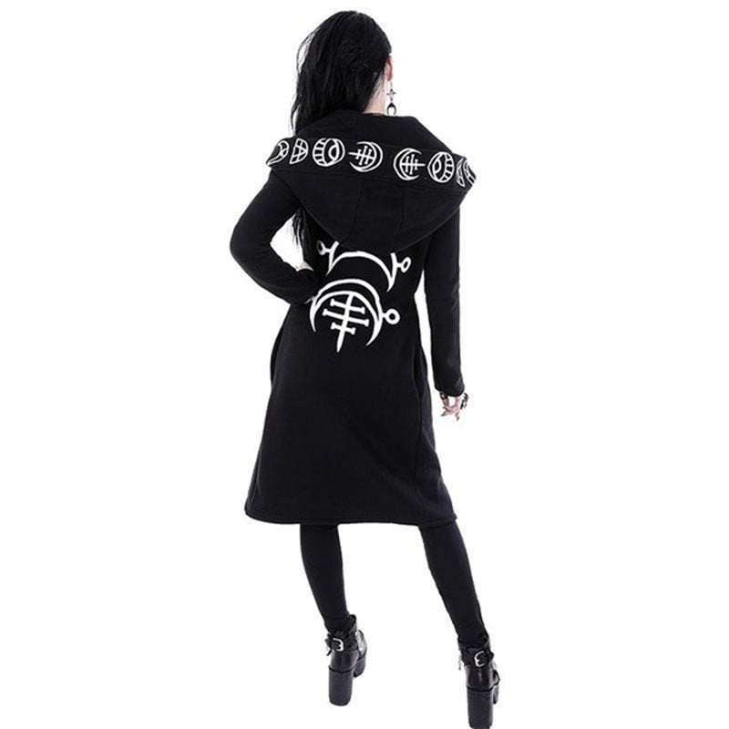 Back view of a black women's oversized cotton gothic coat with unique hood and printed designs, perfect for rock or goth fashion.