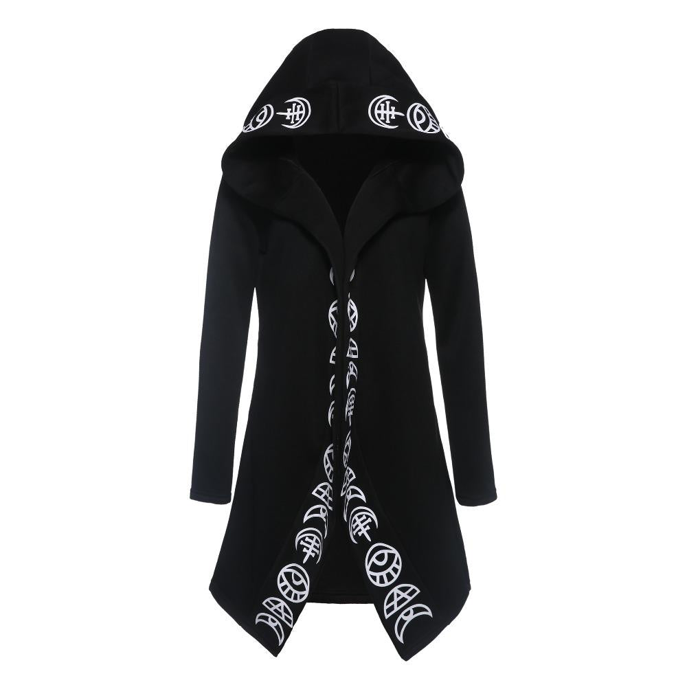 Cool oversized black cotton gothic coat with hood and unique printed design, perfect for rock and goth fashion lovers.