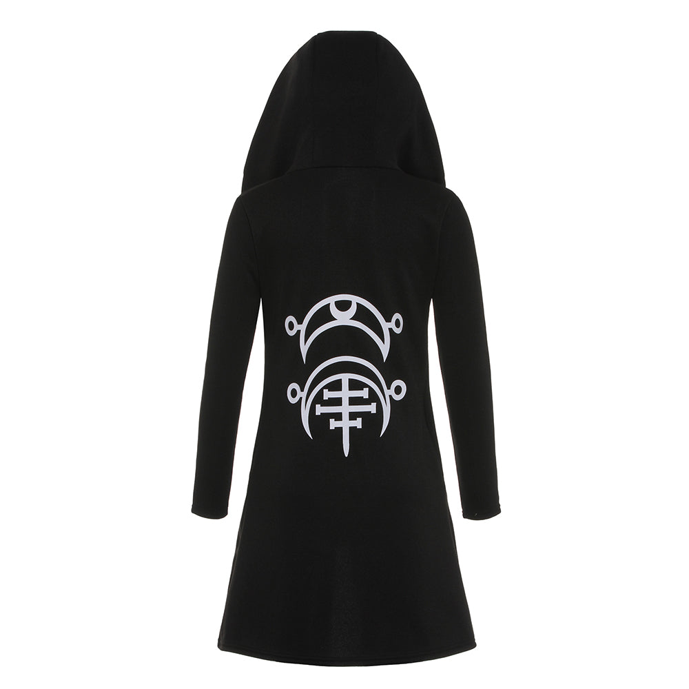 Cool black hooded gothic coat featuring unique white printed designs, perfect for expressing a rock or goth style.