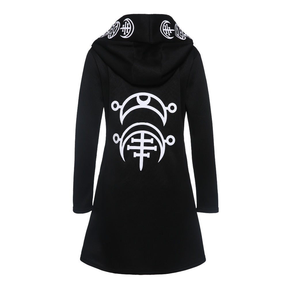 Black oversized cotton gothic coat with unique patterns and hood, perfect for rock and goth looks.