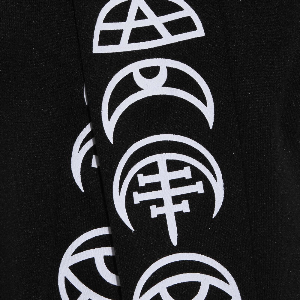 Black cotton fabric featuring unique white gothic symbol patterns, perfect for a cool gothic style.