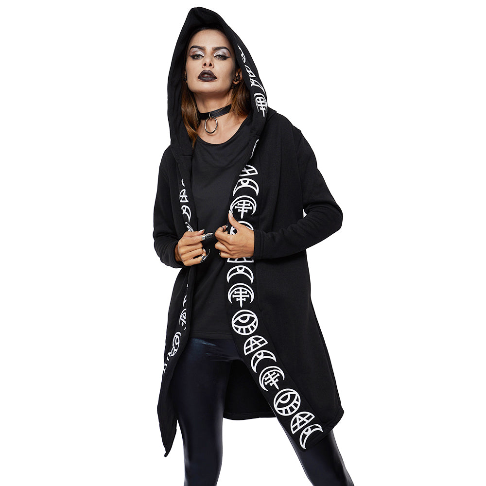 Cool black gothic coat with unique print, perfect for rock and goth fashion enthusiasts.