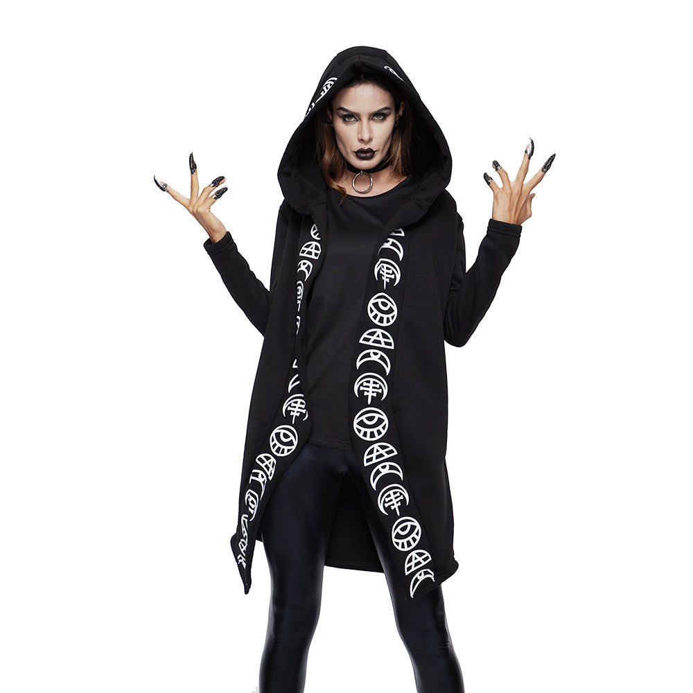 Cool black gothic coat with unique patterns, perfect for rock or goth styles, featuring a hood and oversized fit.