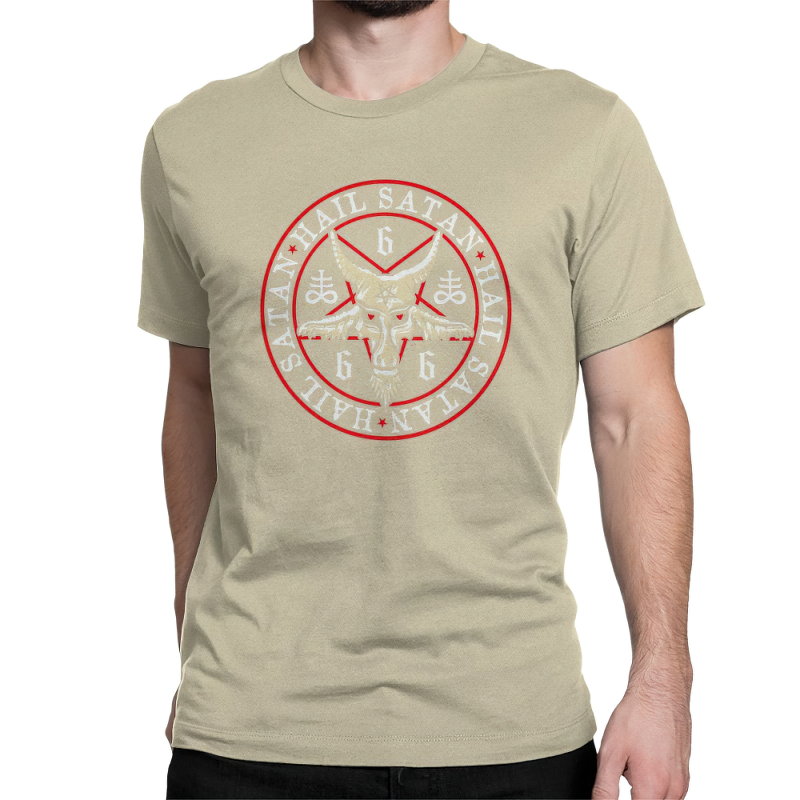 Men's Cool Gothic T-Shirt featuring an Inverted Pentagram and 'Hail Satan' design, perfect for rock concerts and alternative fashion.