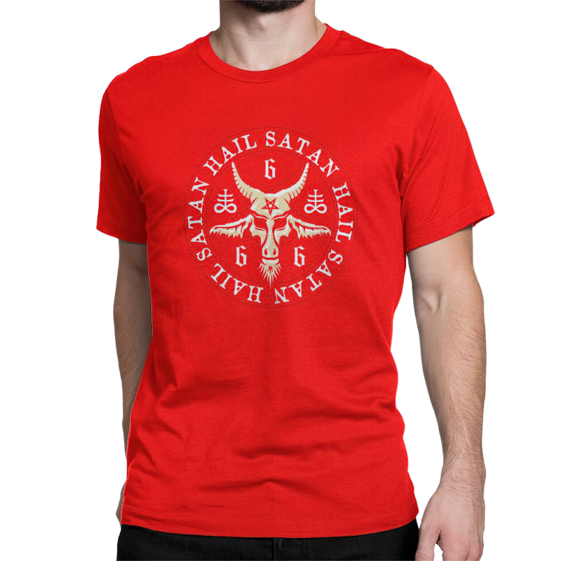 Bold red t-shirt featuring a pentagram and 'Hail Satan' print, perfect for gothic fashion enthusiasts.