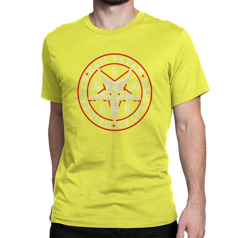 Men's cool gothic t-shirt in vibrant yellow featuring a pentagram print and goat design, perfect for rock concerts.