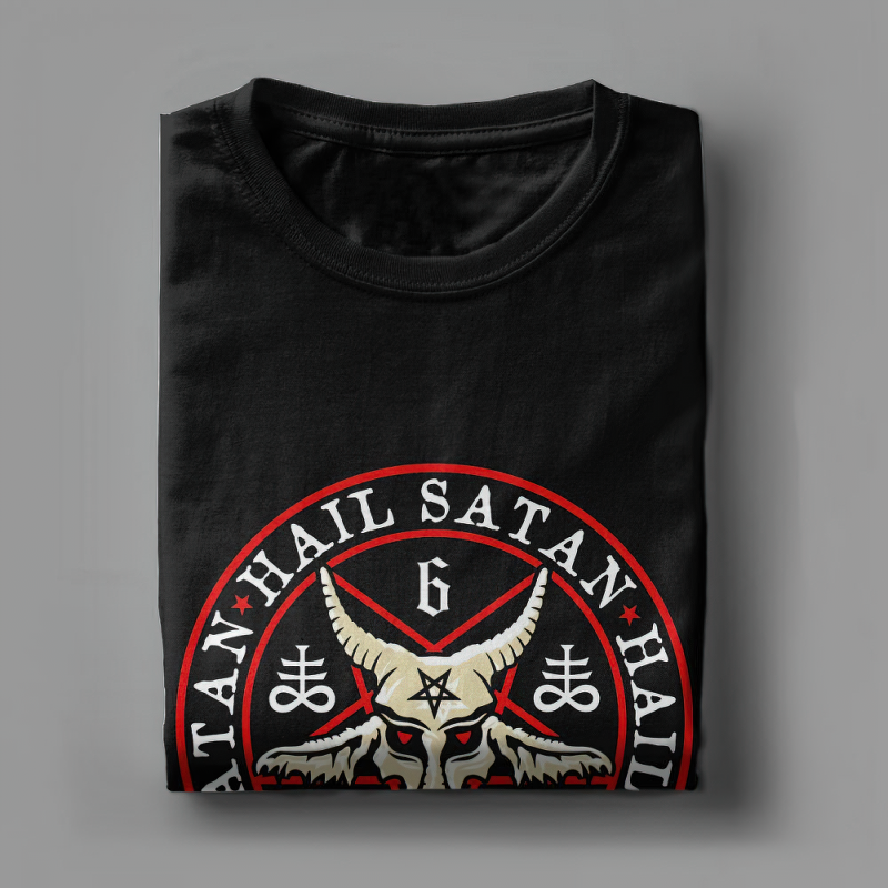 Cool black gothic t-shirt folded, featuring a bold inverted pentagram and goat skull design.