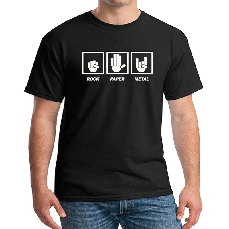 Unisex black graphic t-shirt featuring rock paper metal print, perfect for music lovers and stylish casual wear.