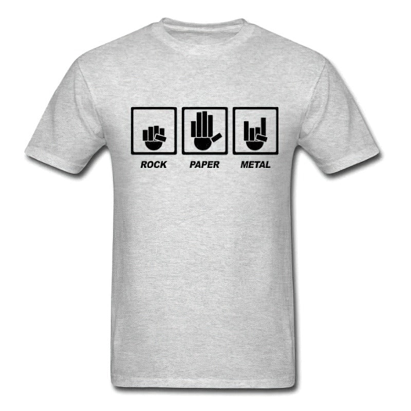 Unisex cool graphic t-shirt featuring rock, paper, metal print in stylish black on grey background.