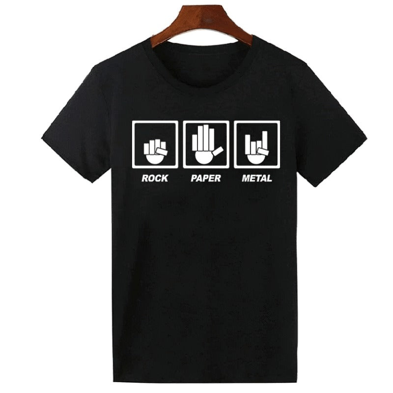 Unisex black graphic t-shirt featuring fun rock, paper, metal print for stylish casual wear.