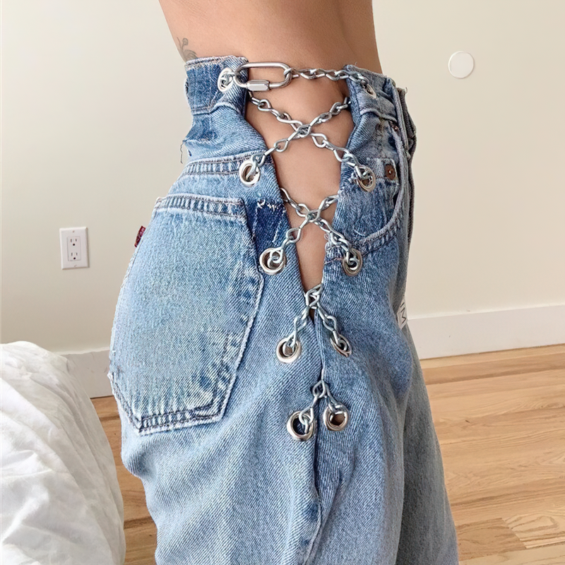 High waist women's jeans with stylish chains, showcasing a trendy casual look and flattering straight cut.