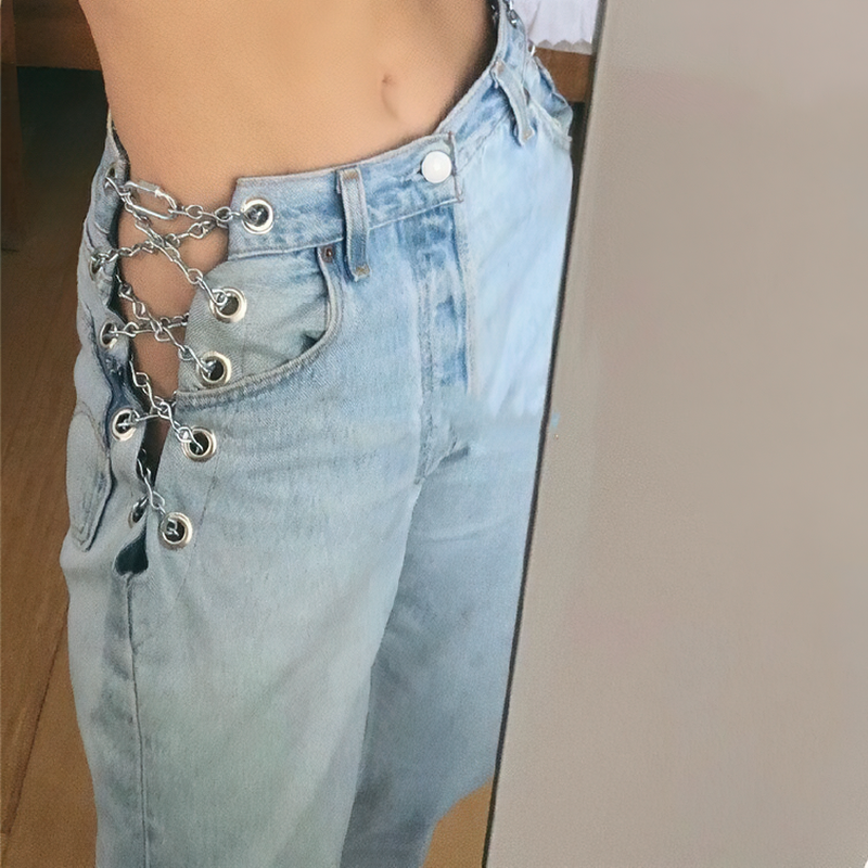 Cool High Waist Woman's Jeans with Chains/ Casual Straight Denim Pants - HARD'N'HEAVY
