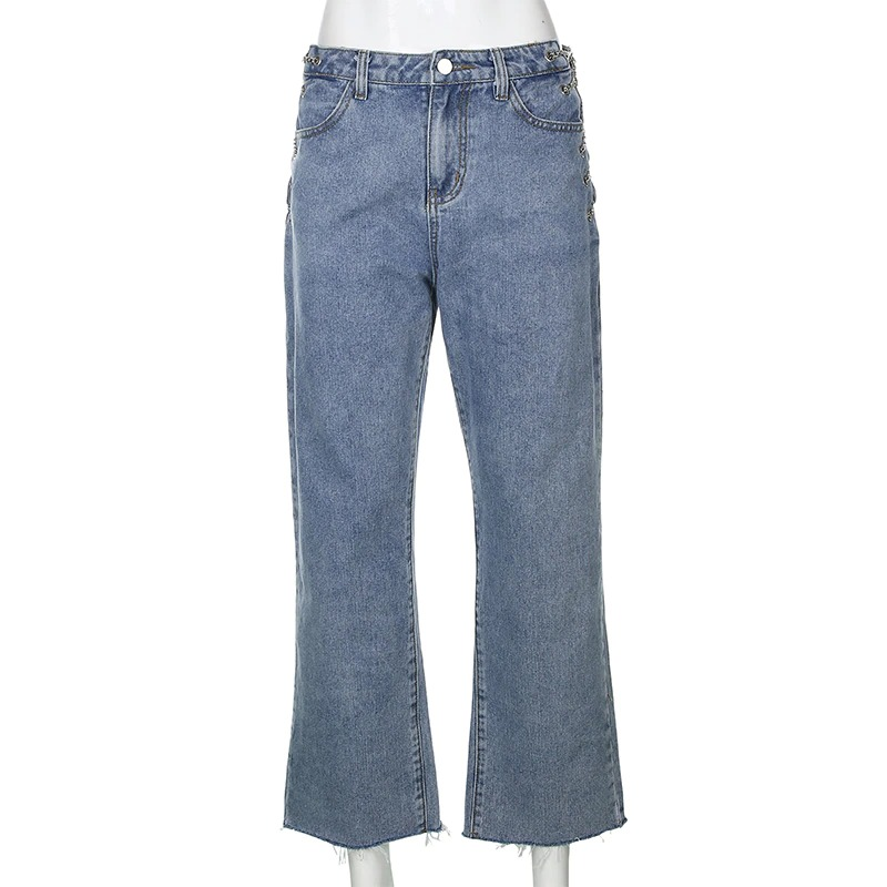 Cool high waist women's jeans with chains in casual straight cut, perfect for a trendy wardrobe.