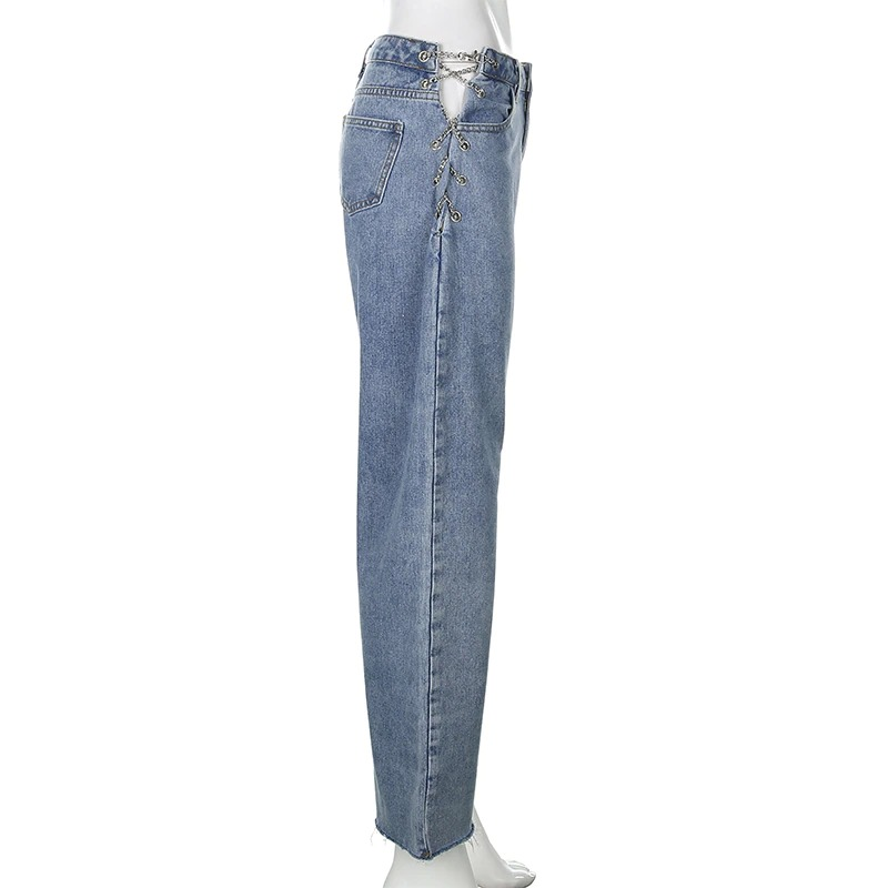 Cool high waist women's jeans with side chains, stylish casual straight denim pants for a trendy look.