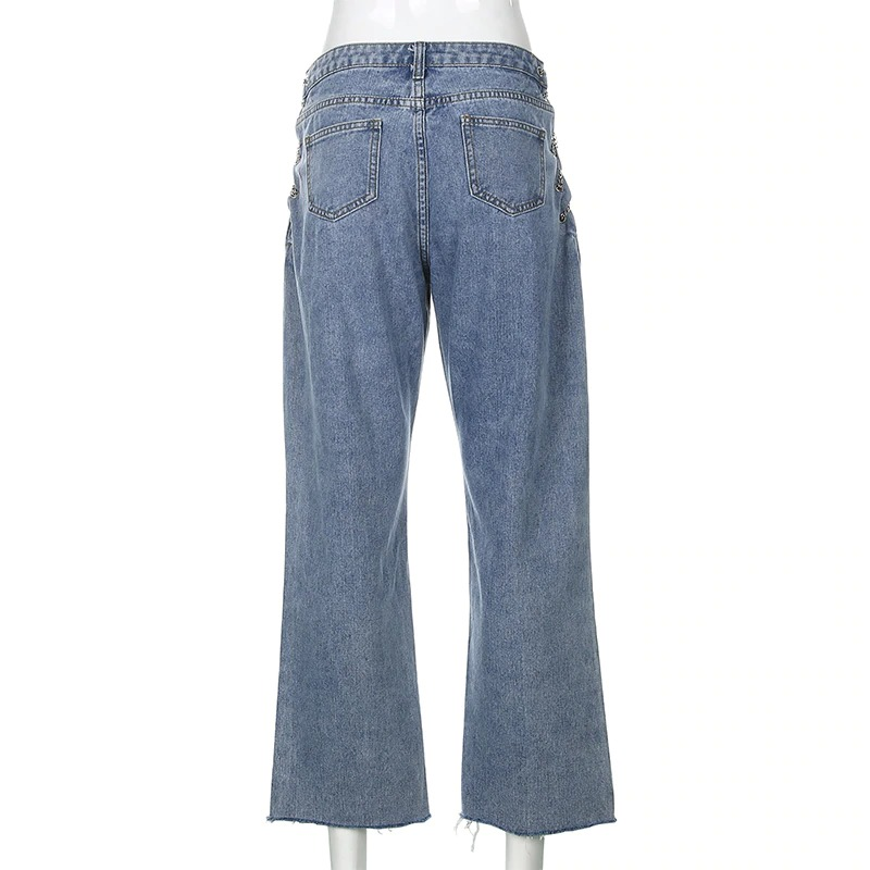 Back view of cool high waist women's jeans with chains, casual straight denim cut for a trendy look.
