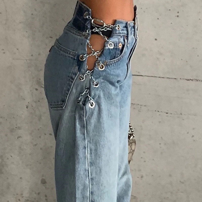 High waist women's jeans with stylish chains, perfect for a trendy casual look.