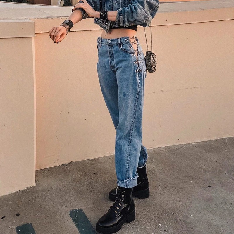 Trendy high waist women's jeans with chains, stylish casual straight denim pants, perfect for playful outfits.