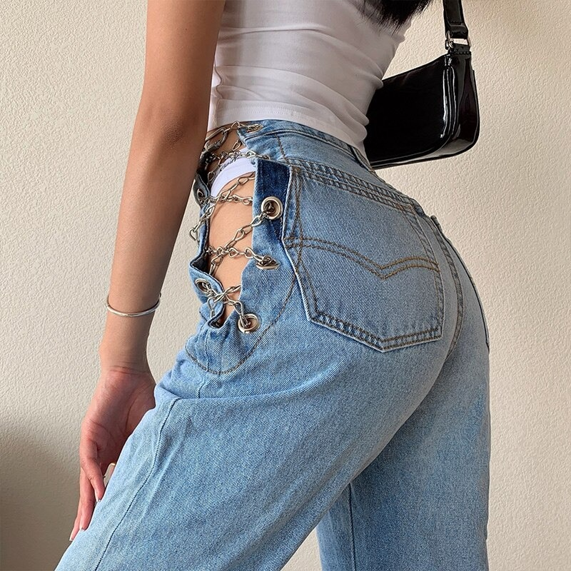 Trendy high waist women's jeans with chains, perfect for casual style and a flattering straight cut.