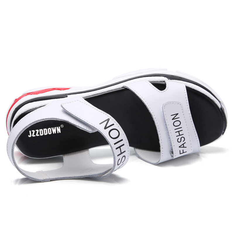 Cool ladies split leather platform sandals with stylish straps in white and black for trendy summer wear.