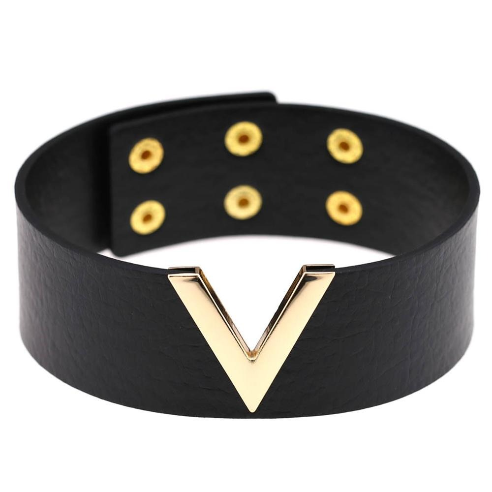 Cool black PU leather choker with gold V metal detail and studs, perfect for punk style enthusiasts.