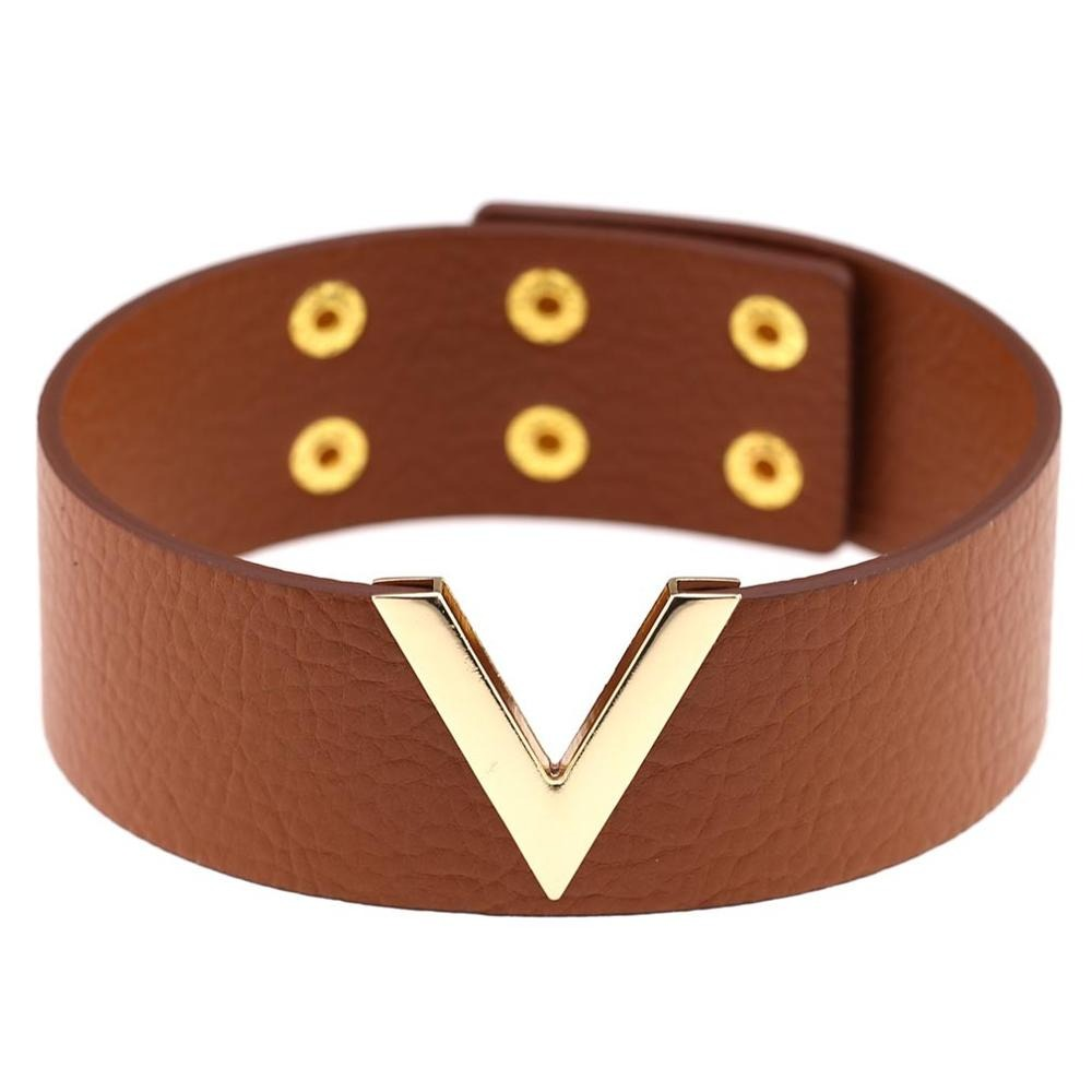 Cool brown PU leather choker with gold V metal accent, perfect punk accessory for stylish outfits.