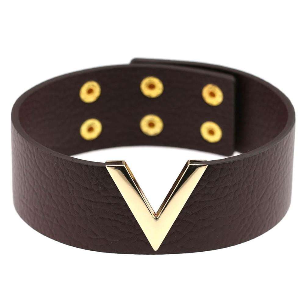 Stylish brown PU leather choker with gold V metal accent and snap closure, perfect for punk fashion lovers.